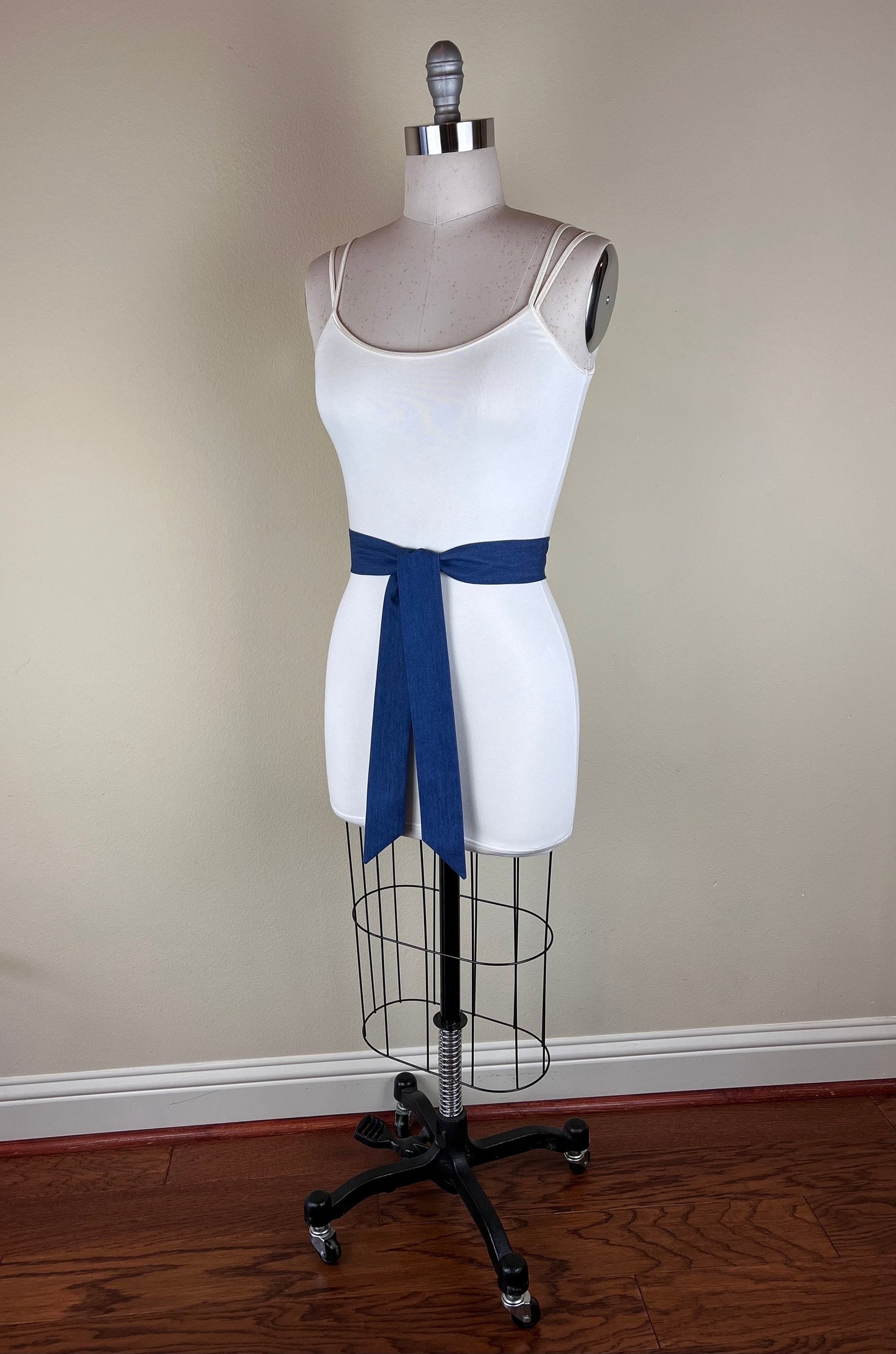 Narrow Denim Sash, Medium Wash Denim Sash, Denim Belt, Denim Accessories, Indigo Sash Belt, Indigo Accessories, Denim Belt, Satin Swank