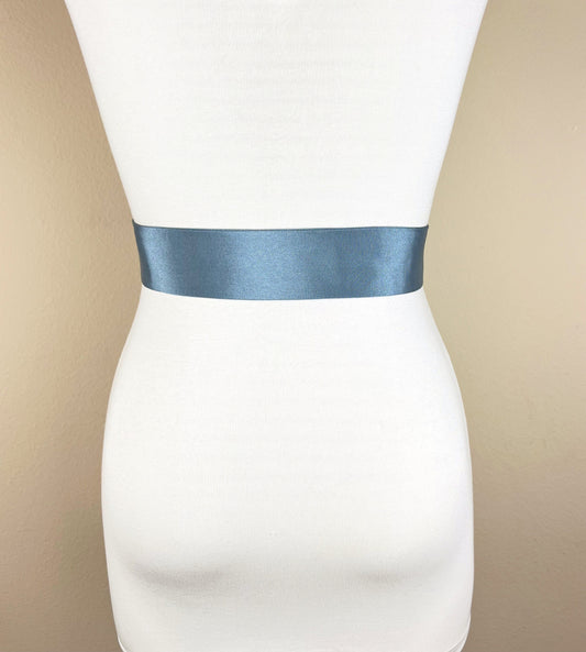 Narrow Smoke Blue Satin Sash, Ribbed Smoke Blue Sash Belt, Blue Gray Wedding Dress Sash, Bridal Sash, Gray Blue Satin Sash Belt, Satin Swank