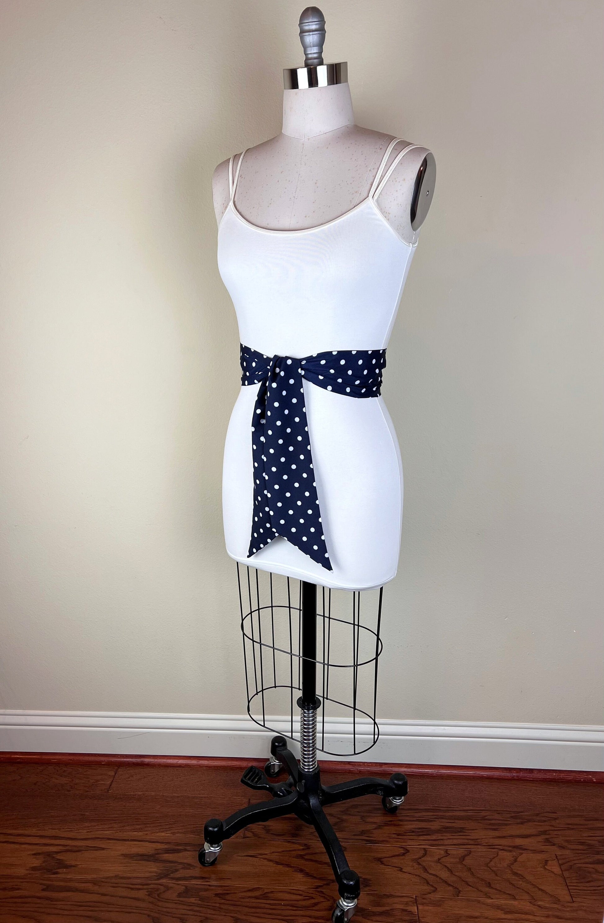 Dark Navy Polka Dot Sash, Wide Navy & White Sash Belt, Navy Dot Sash, White Dot on Navy Sash, Navy Dress Sash, Polka Dot Belt, Satin Swank