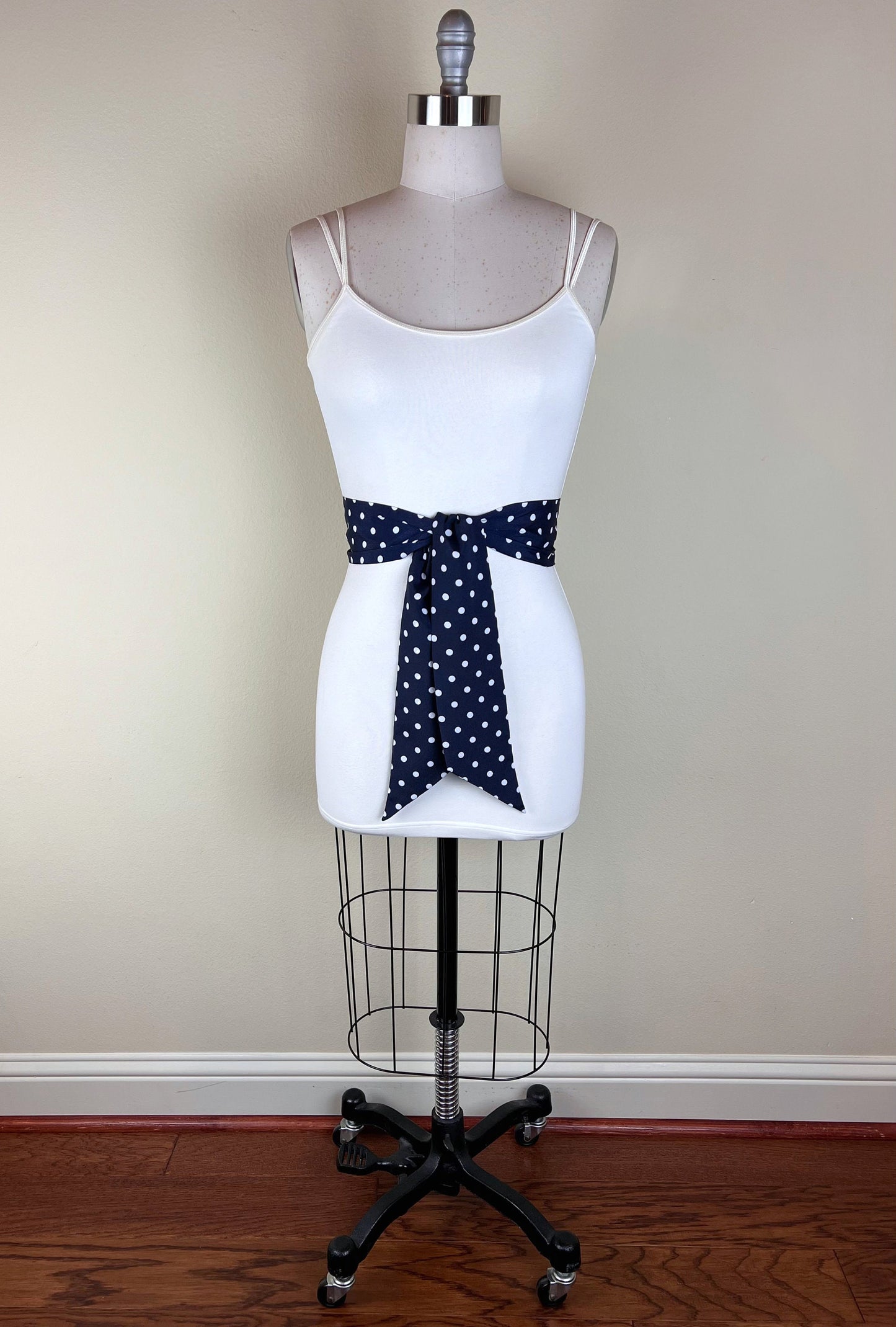 Dark Navy Polka Dot Sash, Wide Navy & White Sash Belt, Navy Dot Sash, White Dot on Navy Sash, Navy Dress Sash, Polka Dot Belt, Satin Swank
