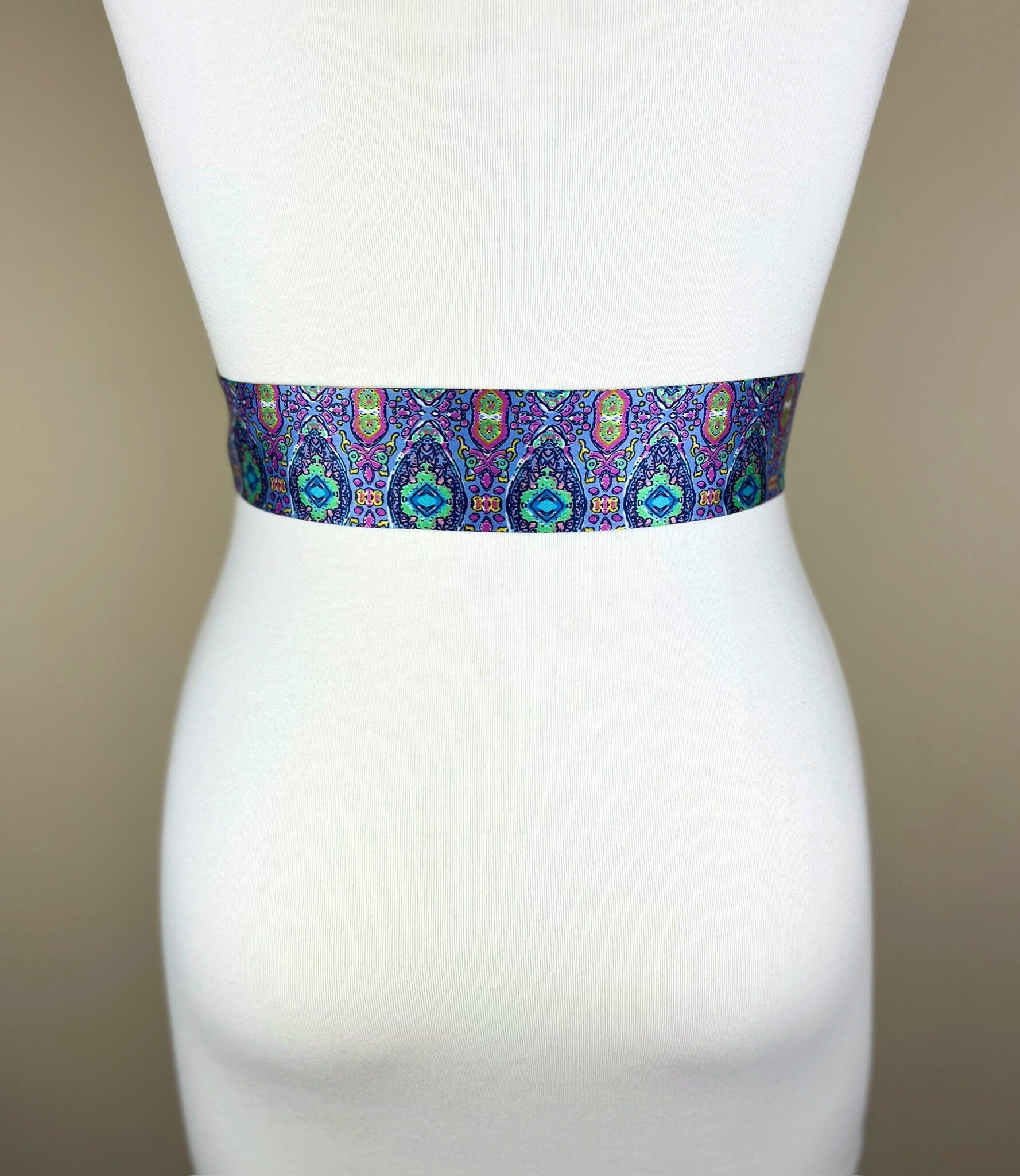 Narrow Purple & Aqua Boho Print Sash, Lavender Print Satin Sash, Purple Medallion Print Sash, Multi Color Aqua and Purple Sash, Satin Swank
