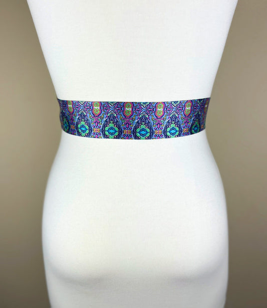 Narrow Purple & Aqua Boho Print Sash, Lavender Print Satin Sash, Purple Medallion Print Sash, Multi Color Aqua and Purple Sash, Satin Swank