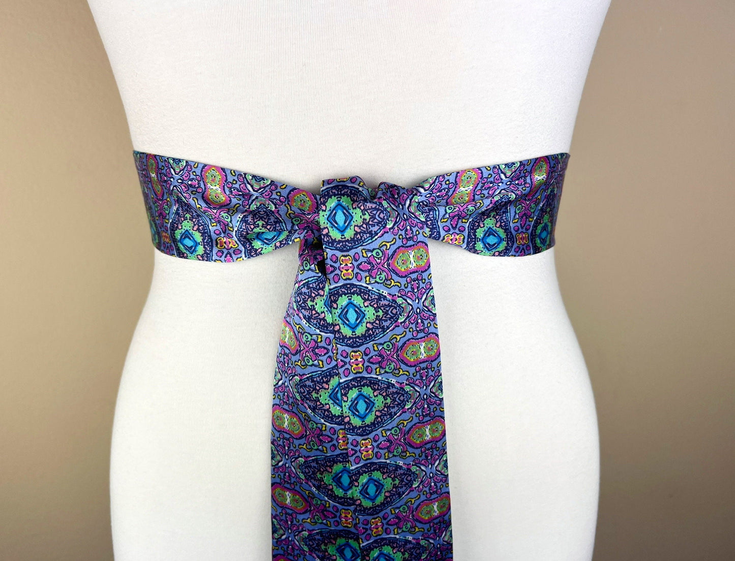 Narrow Purple & Aqua Boho Print Sash, Lavender Print Satin Sash, Purple Medallion Print Sash, Multi Color Aqua and Purple Sash, Satin Swank