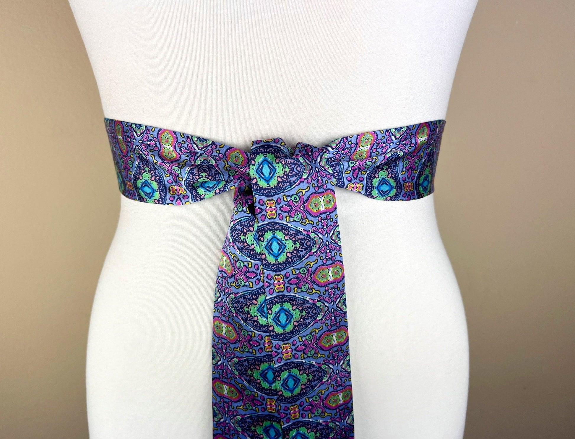 Narrow Purple & Aqua Boho Print Sash, Lavender Print Satin Sash, Purple Medallion Print Sash, Multi Color Aqua and Purple Sash, Satin Swank