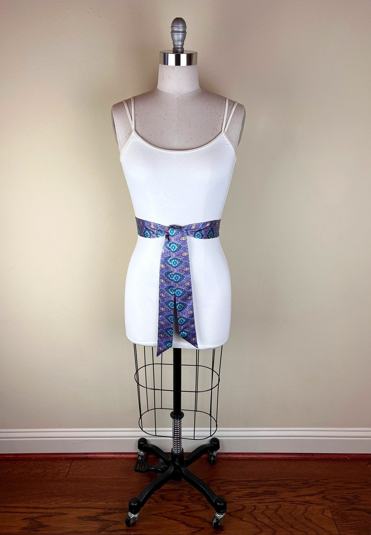 Narrow Purple & Aqua Boho Print Sash, Lavender Print Satin Sash, Purple Medallion Print Sash, Multi Color Aqua and Purple Sash, Satin Swank