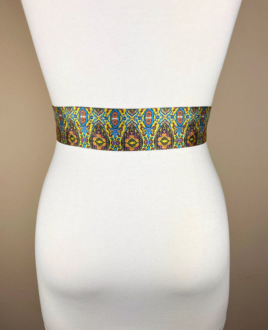 Narrow Yellow & Aqua Boho Sash, Yellow Print Satin Sash, Boho Print Sash Belt, Yellow Medallion Print Sash, Multi Color Sash, Satin Swank