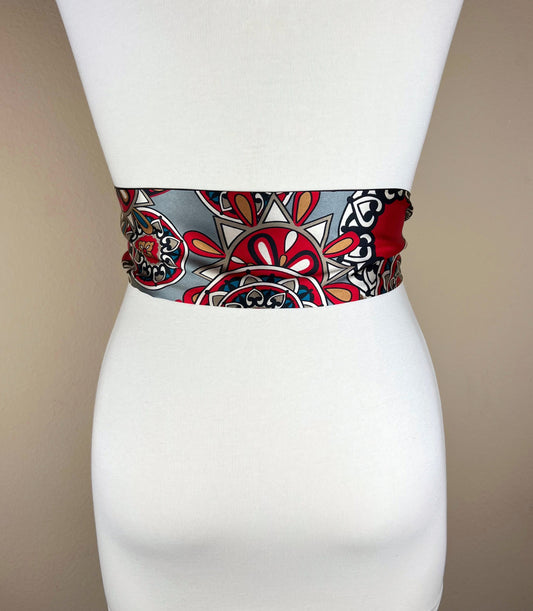 Medallion Print Sash in Red, Black & Gray, Bohemian Sash Belt, Black and Red Print Satin Sash Belt, Boho Accessories, Satin Swank