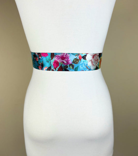 Narrow Aqua Blue Floral Sash, Vintage Rose Print Sash, Blue Satin Sash, Blue Floral Victorian Rose Sash, Blue & Pink Floral Sash Satin Swank