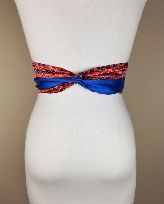 Orange & Blue Mini Medallion Print Sash Belt, Royal Blue and Orange Sash, Orange Print Satin Sash, Medallion Chain Print Sash, Satin Swank