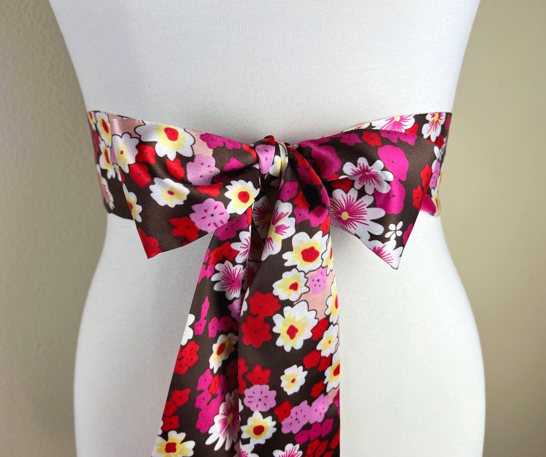 1960s Mod Print Sash Belt, Retro Accessories, 60s Style Print Sash, Vintage Floral Print Accessories, Pink Floral Print Sash, Satin Swank