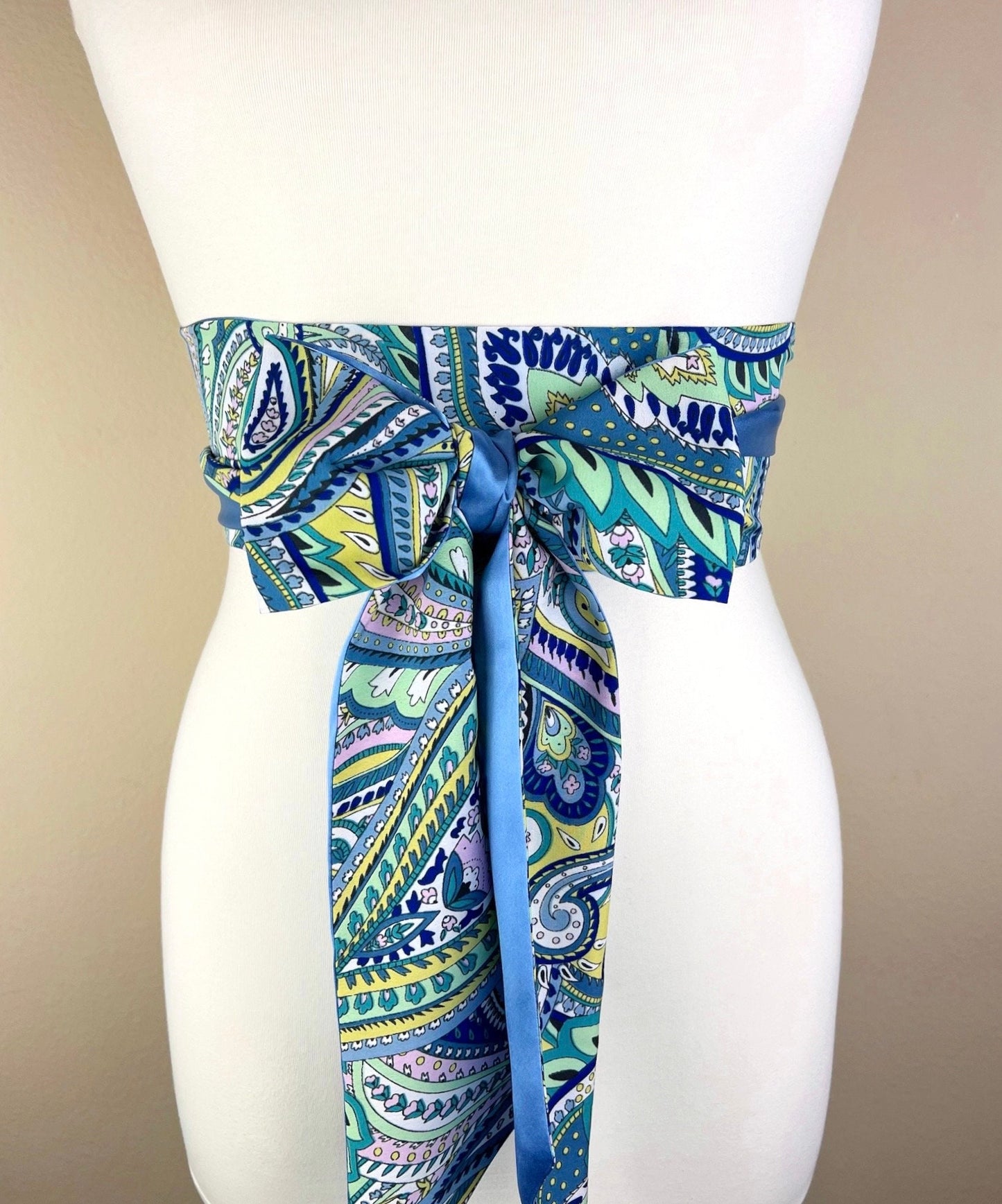 Blue Green Multi Print Sash Belt, Floral Paisley Print Sash, Multi Color Sash, Blue Floral Print Sash, Green & Blue Print Sash, Satin Swank