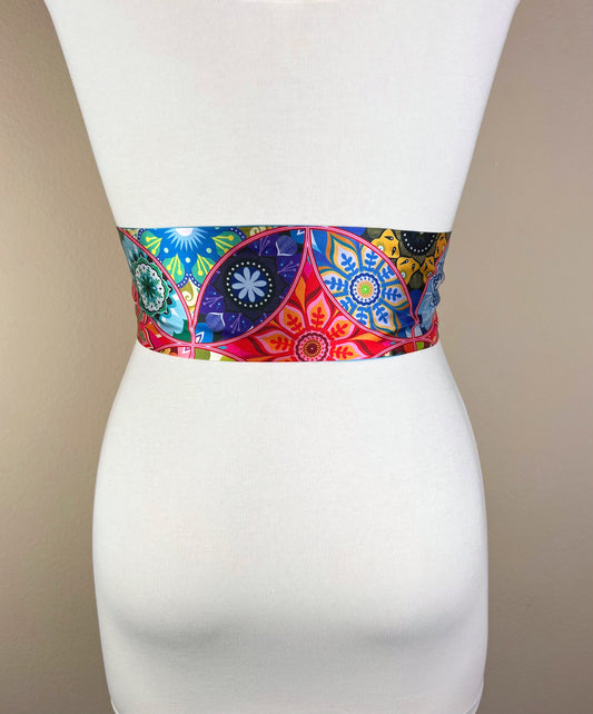 Kaleidoscope Print Sash, Reverses to Solid Aqua Satin, Mandala Print Sash Belt, Boho Accessories, Mixed Print Satin Sash, Satin Swank