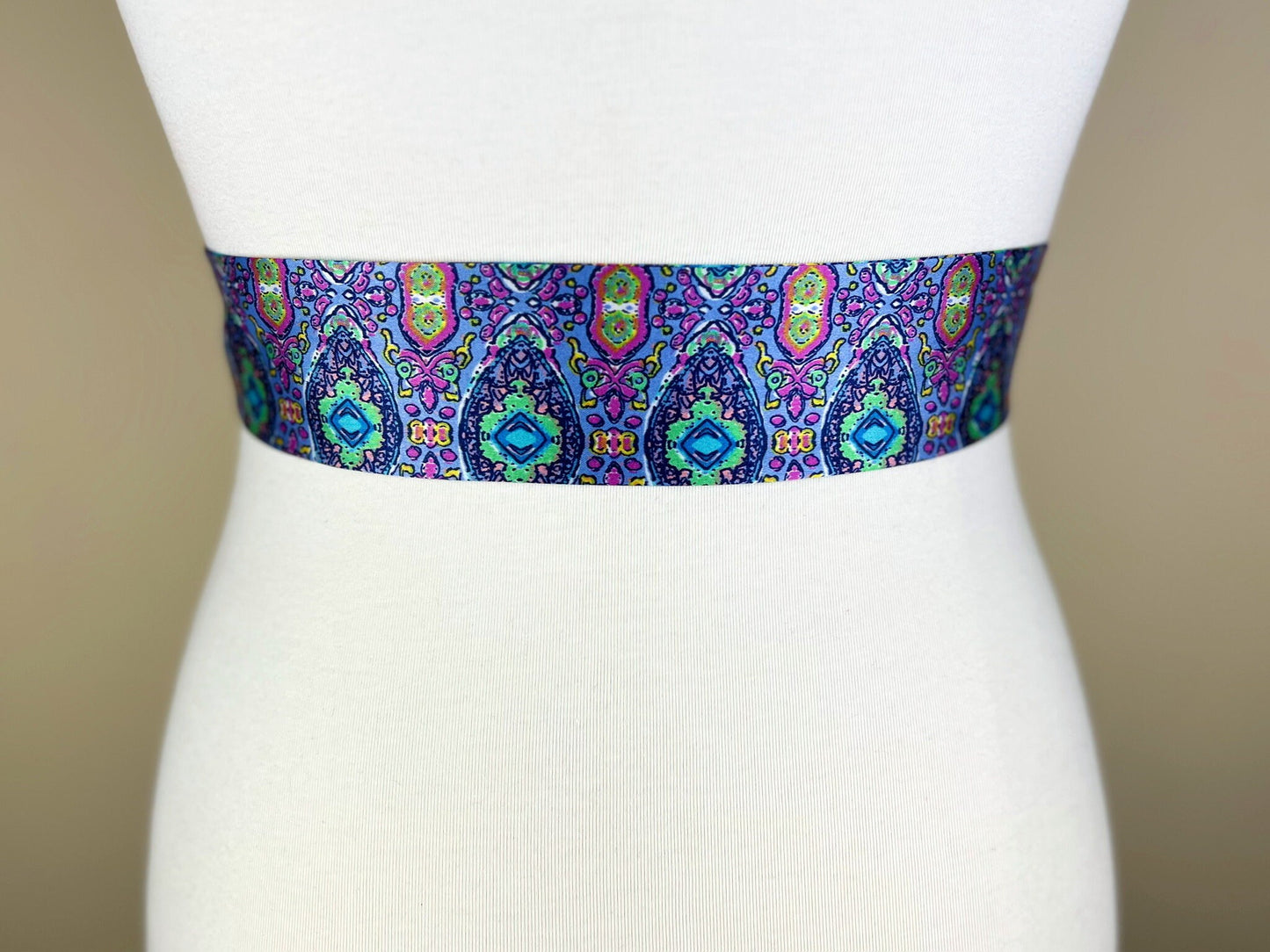 Narrow Purple & Aqua Boho Print Sash, Lavender Print Satin Sash, Purple Medallion Print Sash, Multi Color Aqua and Purple Sash, Satin Swank