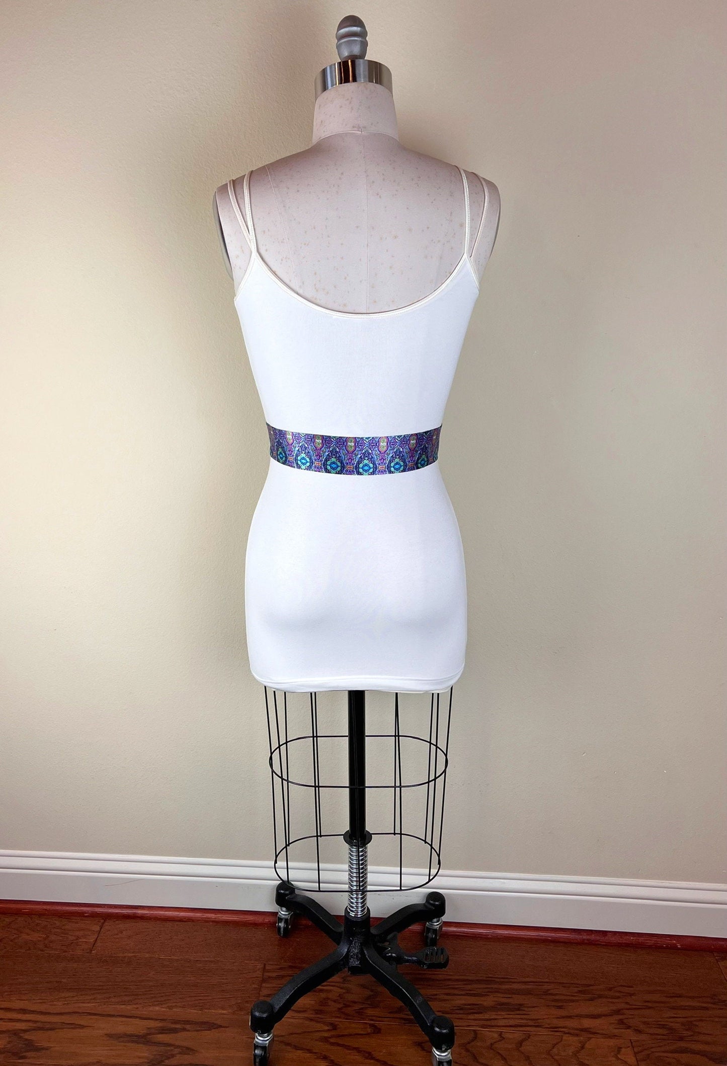 Narrow Purple & Aqua Boho Print Sash, Lavender Print Satin Sash, Purple Medallion Print Sash, Multi Color Aqua and Purple Sash, Satin Swank