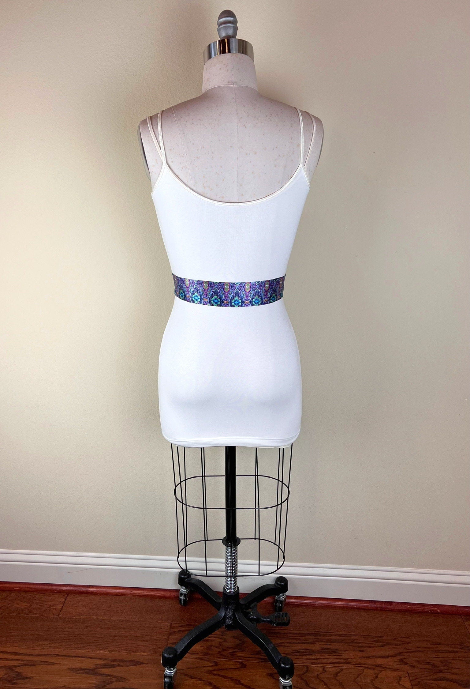 Narrow Purple & Aqua Boho Print Sash, Lavender Print Satin Sash, Purple Medallion Print Sash, Multi Color Aqua and Purple Sash, Satin Swank