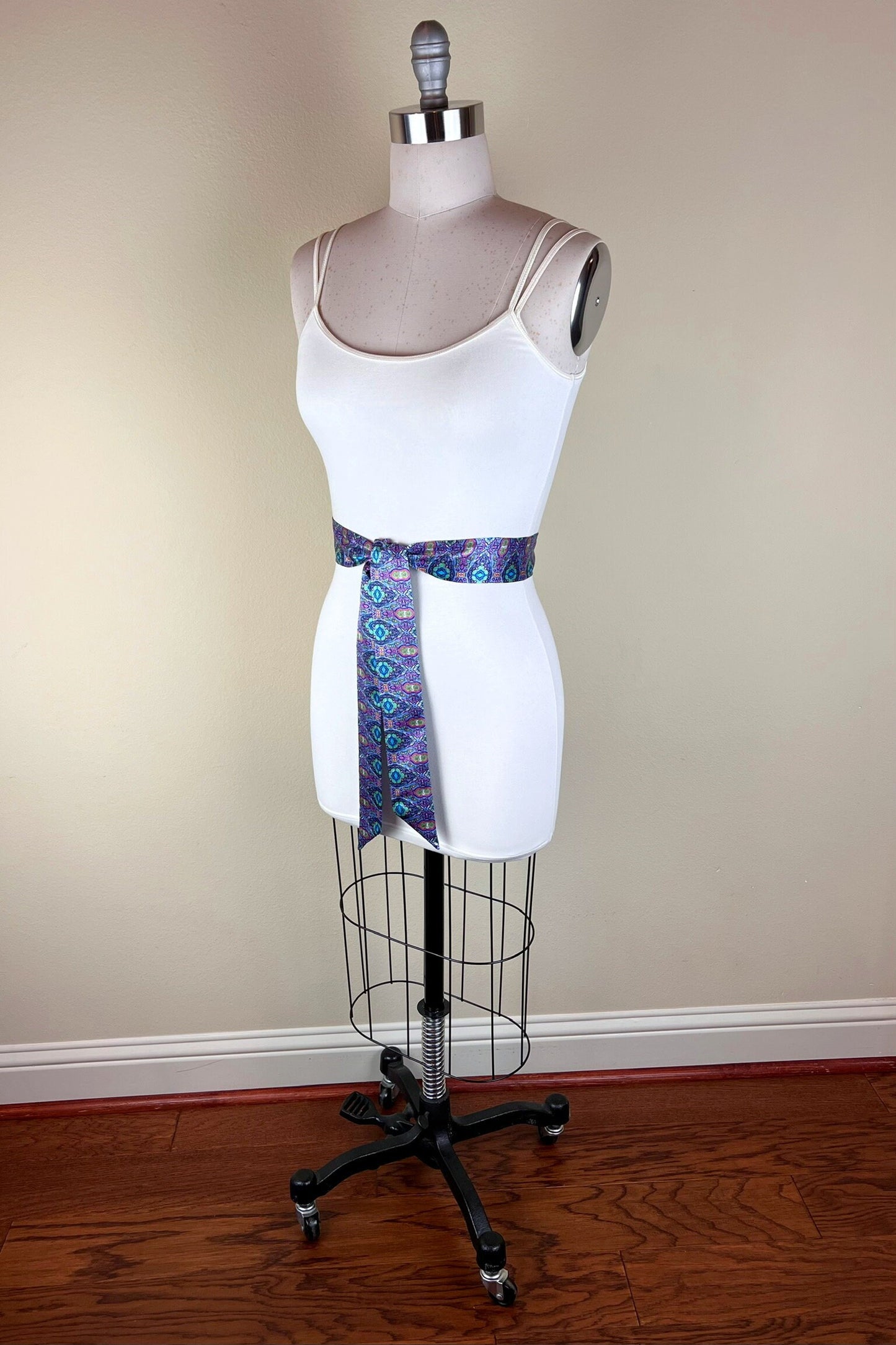 Narrow Purple & Aqua Boho Print Sash, Lavender Print Satin Sash, Purple Medallion Print Sash, Multi Color Aqua and Purple Sash, Satin Swank