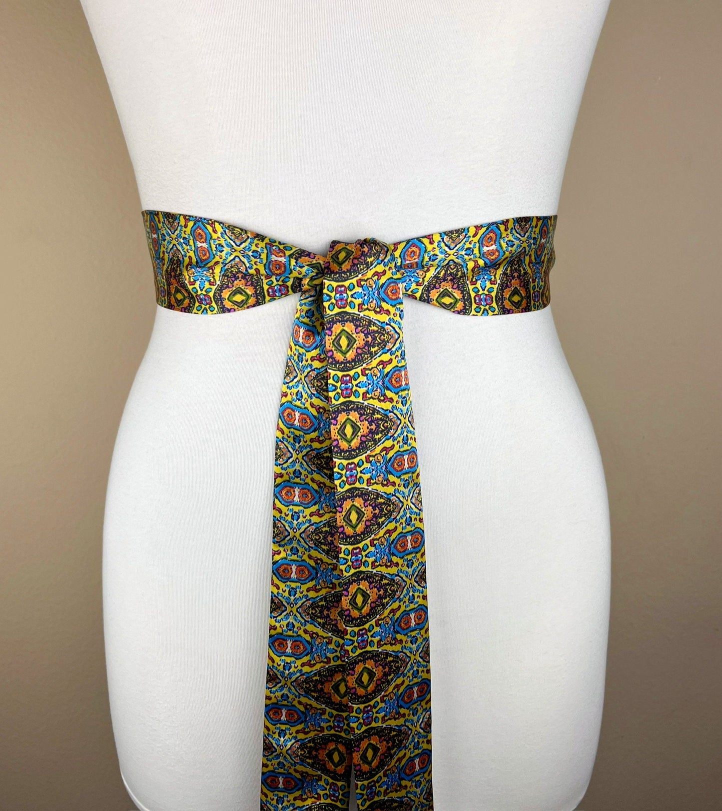 Narrow Yellow & Aqua Boho Sash, Yellow Print Satin Sash, Boho Print Sash Belt, Yellow Medallion Print Sash, Multi Color Sash, Satin Swank