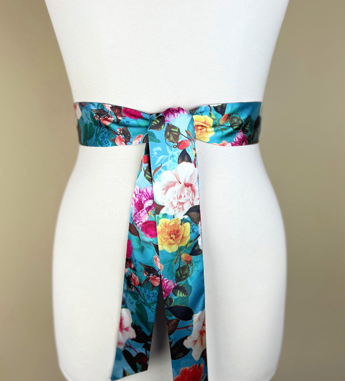 Narrow Aqua Blue Floral Sash, Vintage Rose Print Sash, Blue Satin Sash, Blue Floral Victorian Rose Sash, Blue & Pink Floral Sash Satin Swank