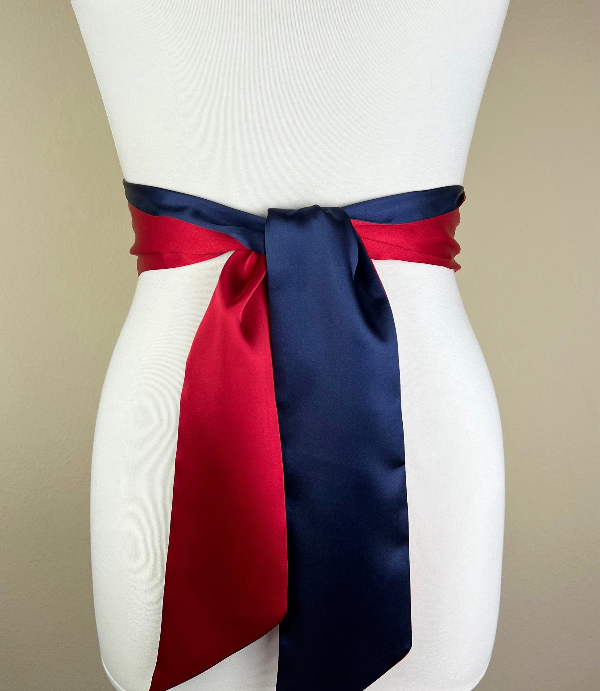 Color Block Navy & Red Satin Sash, Navy Sash Belt, Wide Navy and Red Wedding, Red, White Blue Wedding, Bridesmaid Sash, Satin Swank