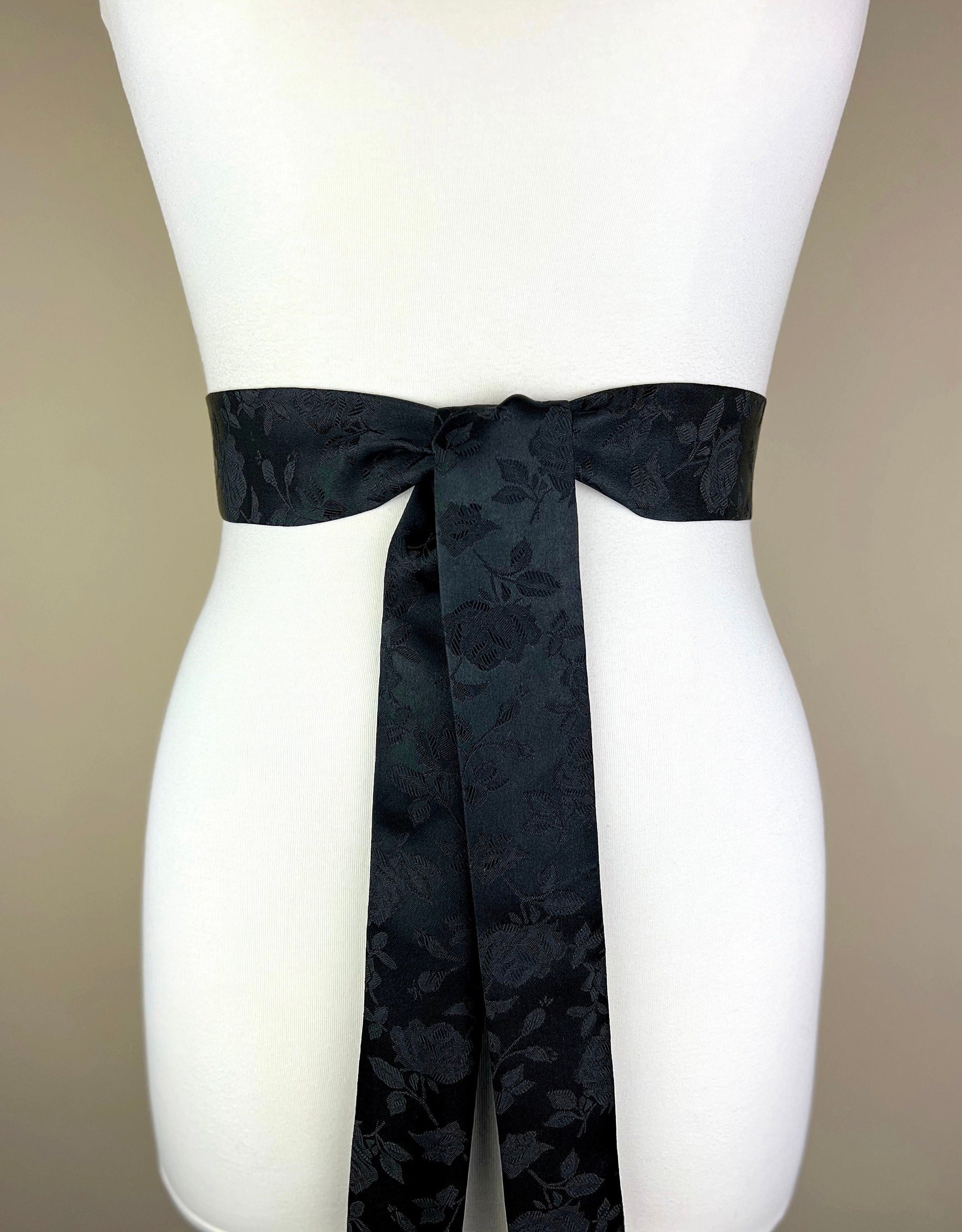 Narrow Black Satin Sash in Rose Jacquard, Black Rose Sash, Black Sash, Wedding Dress Sash, Bridesmaid Sash, Black Wedding, Satin Swank
