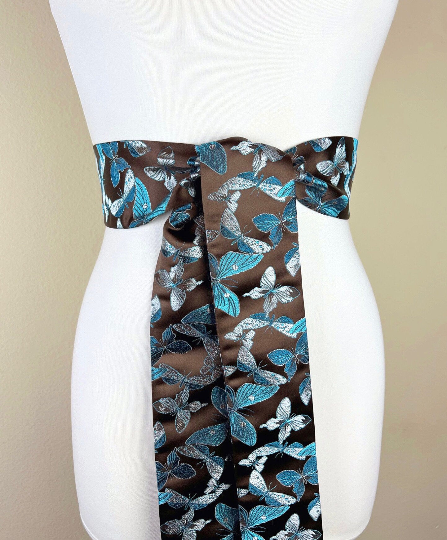 Butterfly Asian Brocade Sash Belt, Brown & Blue Butterfly Sash, Aqua Blue and Brown Sash Belt, Aqua Butterfly Chinese Brocade, Satin Swank