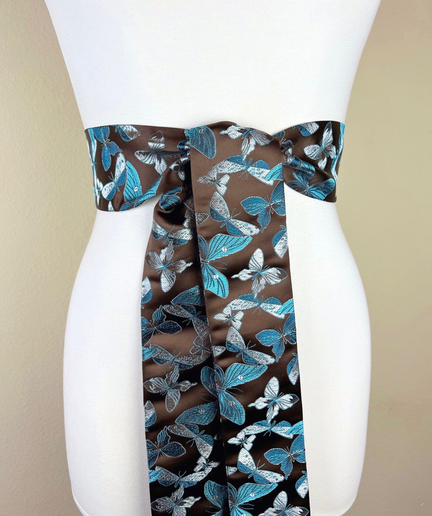 Butterfly Asian Brocade Sash Belt, Brown & Blue Butterfly Sash, Aqua Blue and Brown Sash Belt, Aqua Butterfly Chinese Brocade, Satin Swank