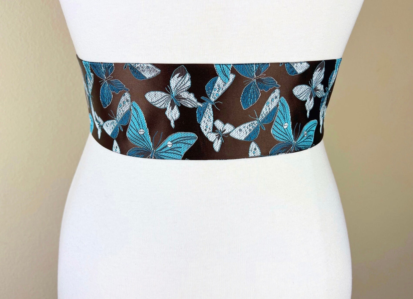 Butterfly Asian Brocade Sash Belt, Brown & Blue Butterfly Sash, Aqua Blue and Brown Sash Belt, Aqua Butterfly Chinese Brocade, Satin Swank