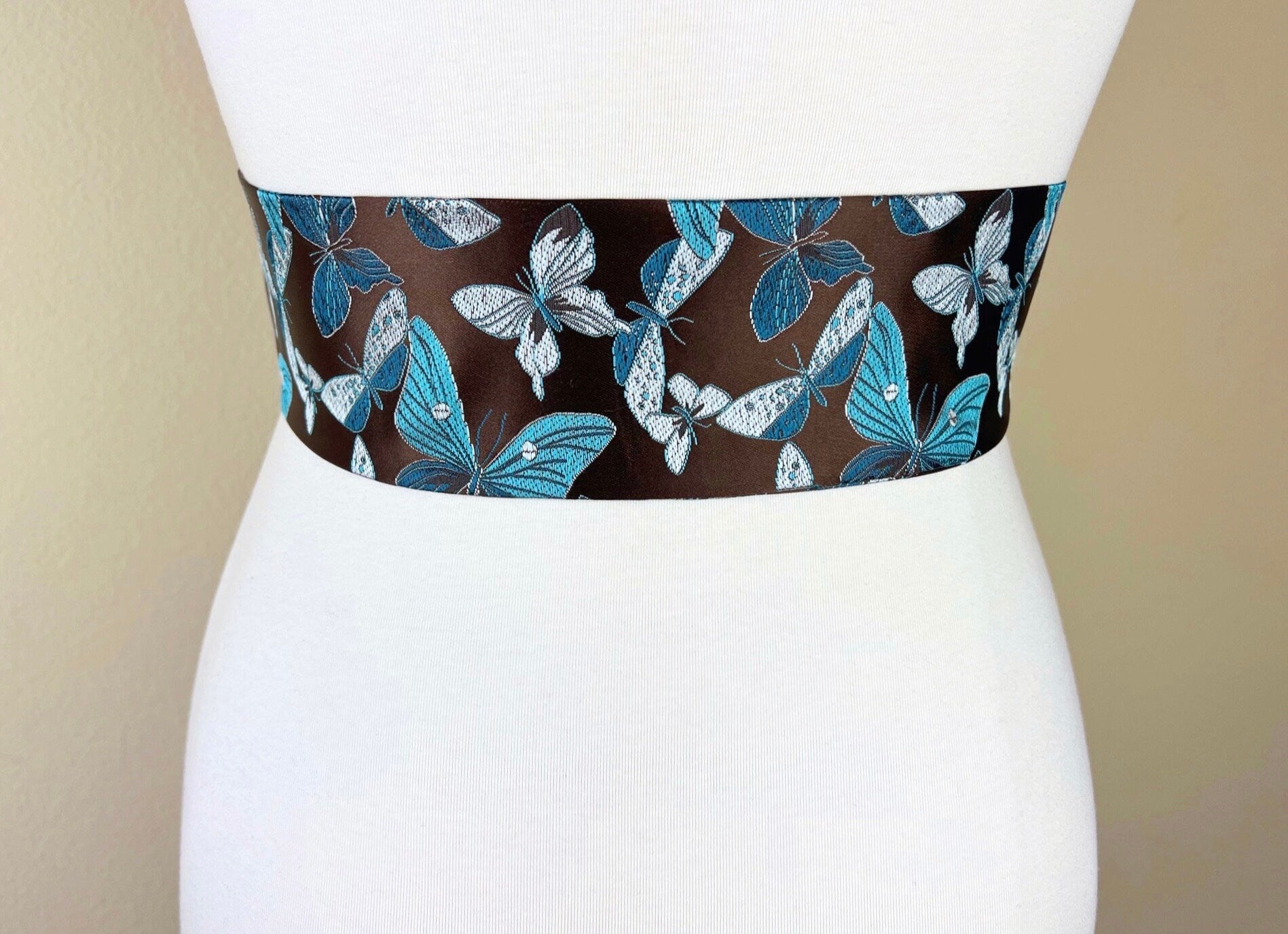 Butterfly Asian Brocade Sash Belt, Brown & Blue Butterfly Sash, Aqua Blue and Brown Sash Belt, Aqua Butterfly Chinese Brocade, Satin Swank