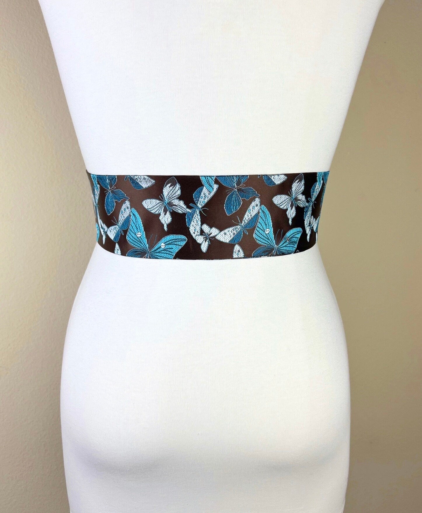 Butterfly Asian Brocade Sash Belt, Brown & Blue Butterfly Sash, Aqua Blue and Brown Sash Belt, Aqua Butterfly Chinese Brocade, Satin Swank