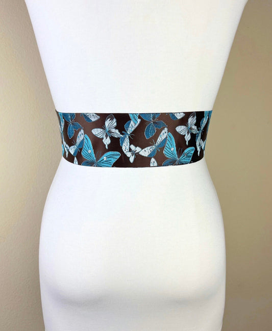 Butterfly Asian Brocade Sash Belt, Brown & Blue Butterfly Sash, Aqua Blue and Brown Sash Belt, Aqua Butterfly Chinese Brocade, Satin Swank