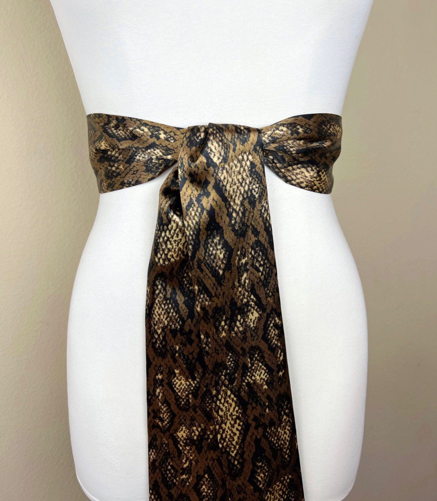 Bronze Python Print Sash, Brown & Gold Snakeskin Print Sash Belt, Python Print Sash, Brown Snake Print Sash, Snake Print Satin, Satin Swank
