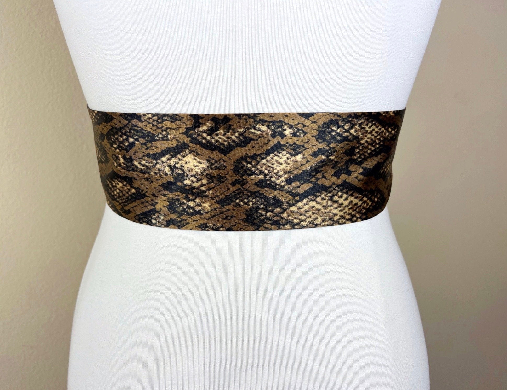 Bronze Python Print Sash, Brown & Gold Snakeskin Print Sash Belt, Python Print Sash, Brown Snake Print Sash, Snake Print Satin, Satin Swank