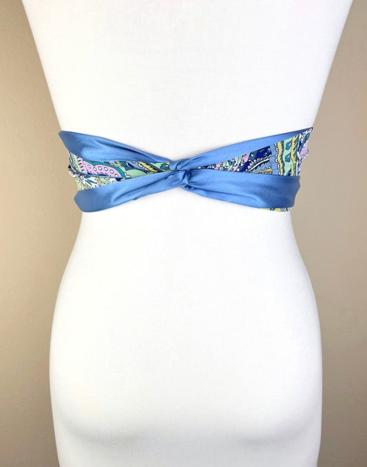 Blue Green Multi Print Sash Belt, Floral Paisley Print Sash, Multi Color Sash, Blue Floral Print Sash, Green & Blue Print Sash, Satin Swank