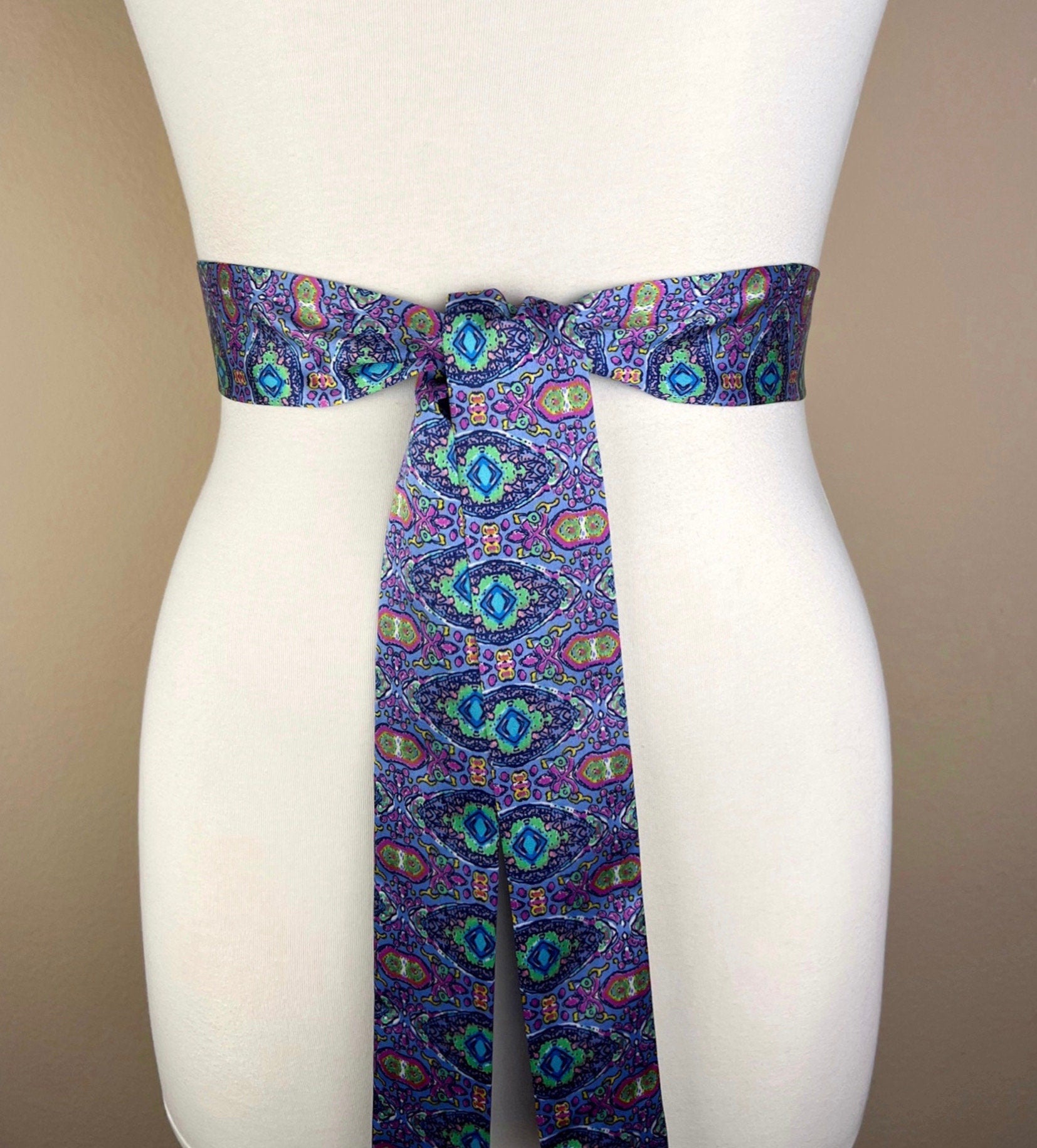 Narrow Purple & Aqua Boho Print Sash, Lavender Print Satin Sash, Purple Medallion Print Sash, Multi Color Aqua and Purple Sash, Satin Swank