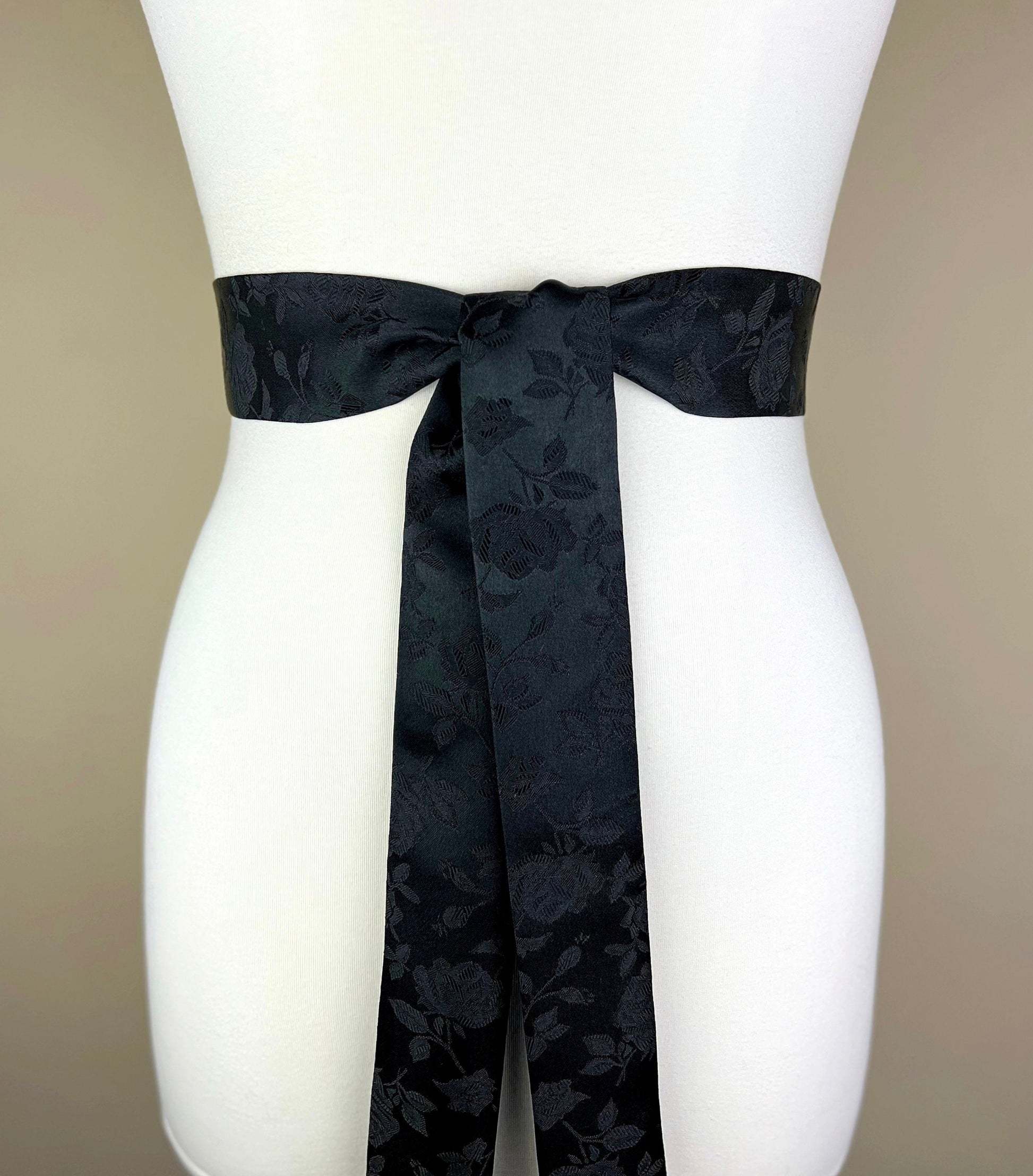 Narrow Black Satin Sash in Rose Jacquard, Black Rose Sash, Black Sash, Wedding Dress Sash, Bridesmaid Sash, Black Wedding, Satin Swank