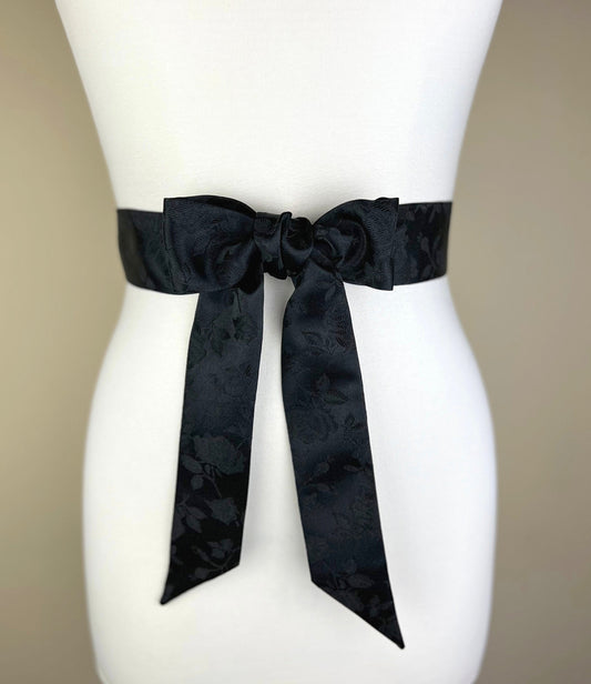 Narrow Black Satin Sash in Rose Jacquard, Black Rose Sash, Black Sash, Wedding Dress Sash, Bridesmaid Sash, Black Wedding, Satin Swank