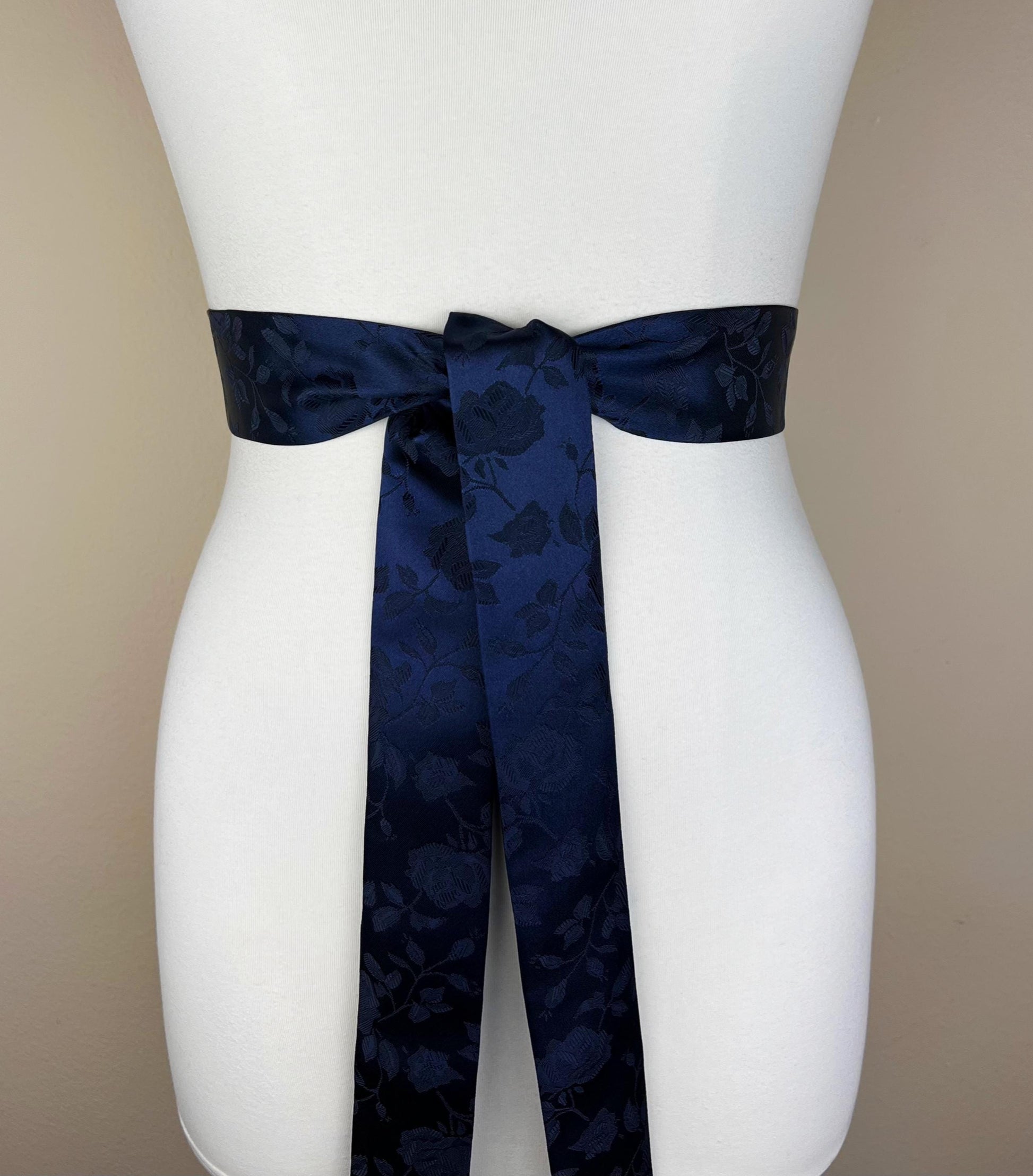 Navy Satin Sash in Rose Jacquard Print, Navy Sash, Navy Rose Sash, Navy Wedding Dress Sash, Navy Bridesmaid Sash, Navy Sash Belt Satin Swank