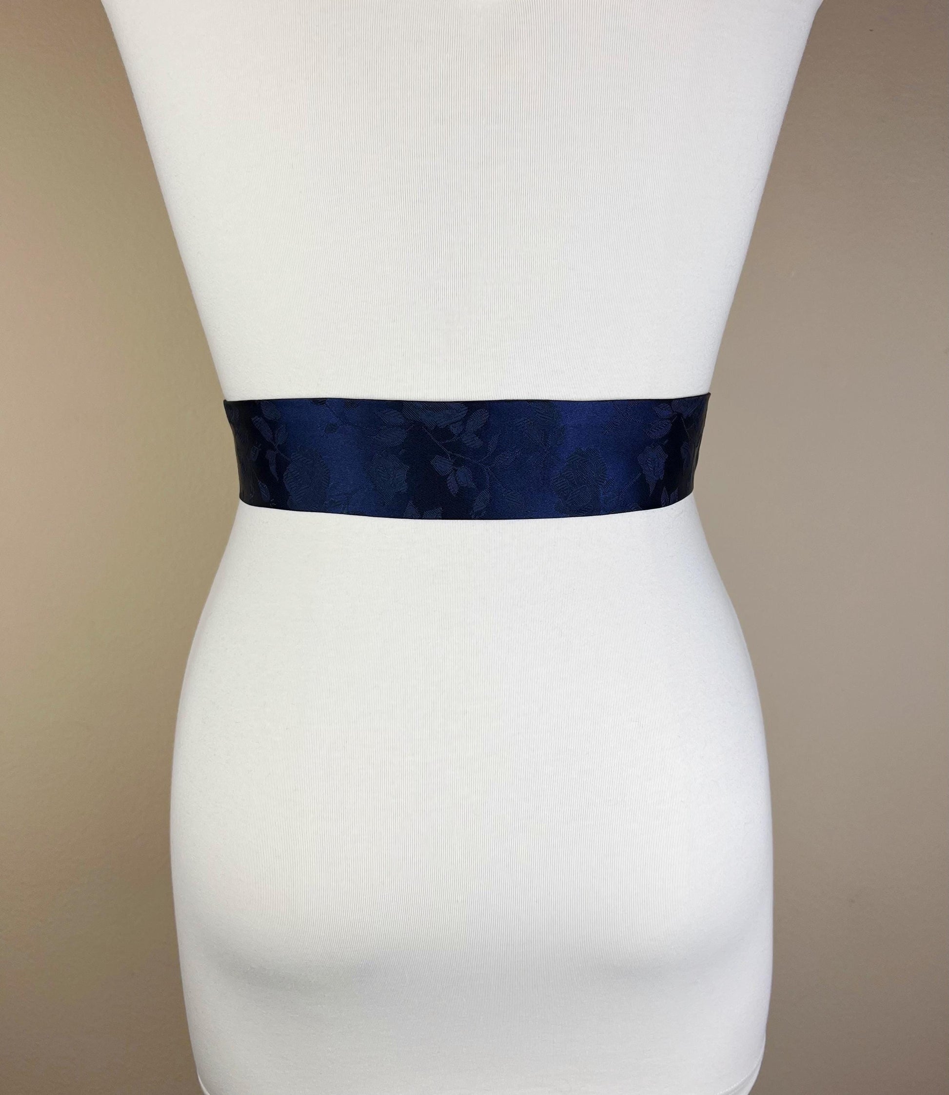 Navy Satin Sash in Rose Jacquard Print, Navy Sash, Navy Rose Sash, Navy Wedding Dress Sash, Navy Bridesmaid Sash, Navy Sash Belt Satin Swank