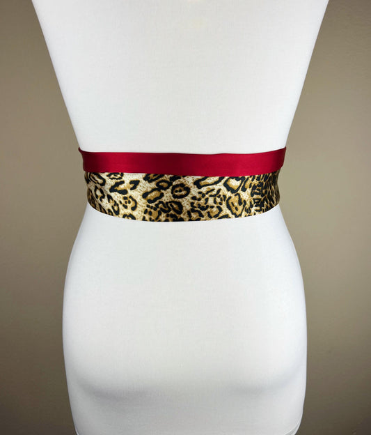 Wide Leopard Sash, Crimson & Leopard Satin Sash, Golden Leopard and Red Sash, Leopard Sash Reverses to Crimson Red or Black, Satin Swank
