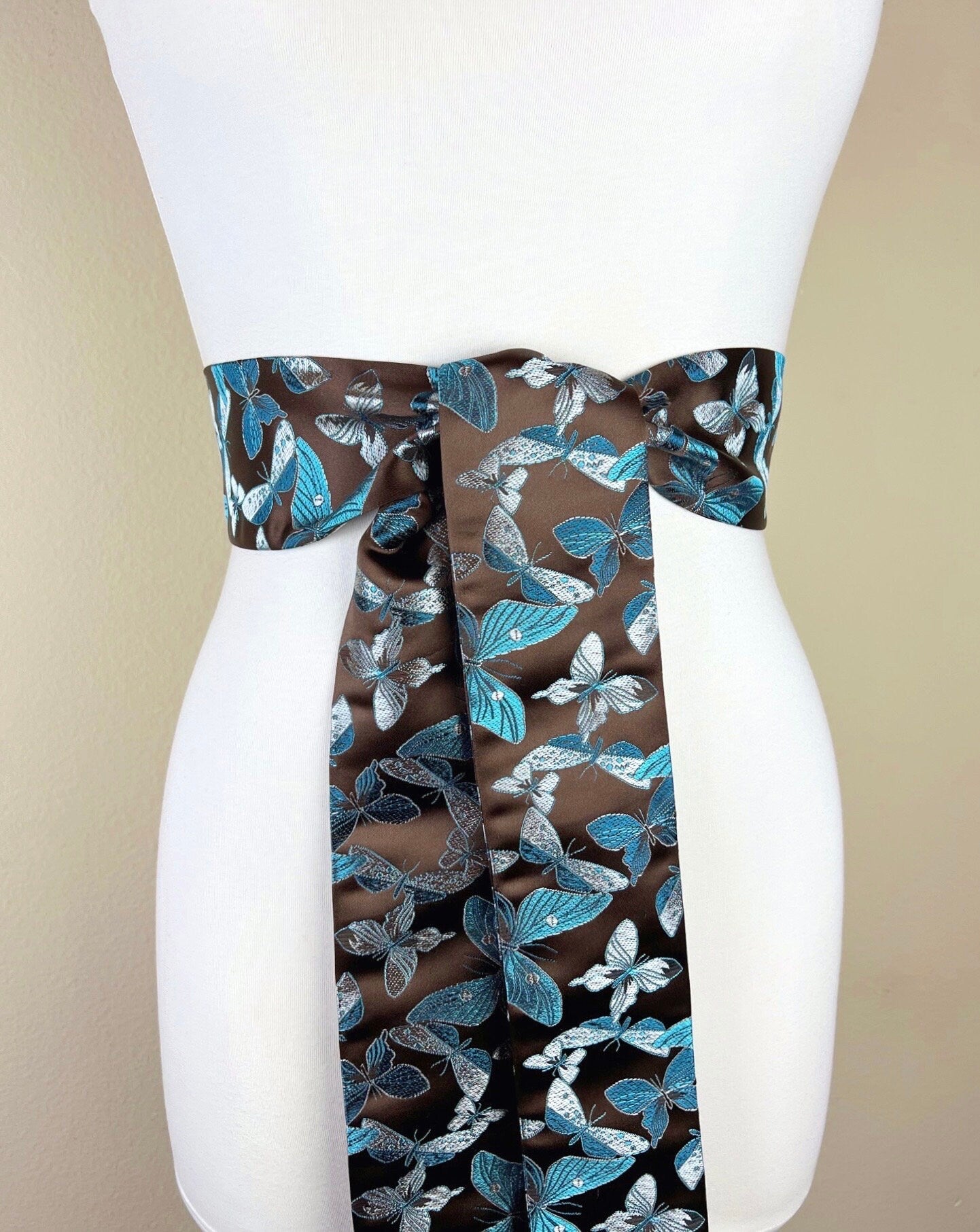 Butterfly Asian Brocade Sash Belt, Brown & Blue Butterfly Sash, Aqua Blue and Brown Sash Belt, Aqua Butterfly Chinese Brocade, Satin Swank