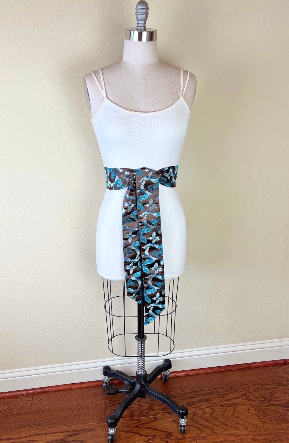 Butterfly Asian Brocade Sash Belt, Brown & Blue Butterfly Sash, Aqua Blue and Brown Sash Belt, Aqua Butterfly Chinese Brocade, Satin Swank