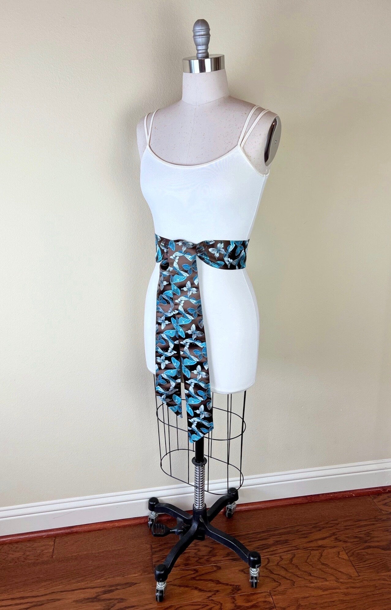 Butterfly Asian Brocade Sash Belt, Brown & Blue Butterfly Sash, Aqua Blue and Brown Sash Belt, Aqua Butterfly Chinese Brocade, Satin Swank