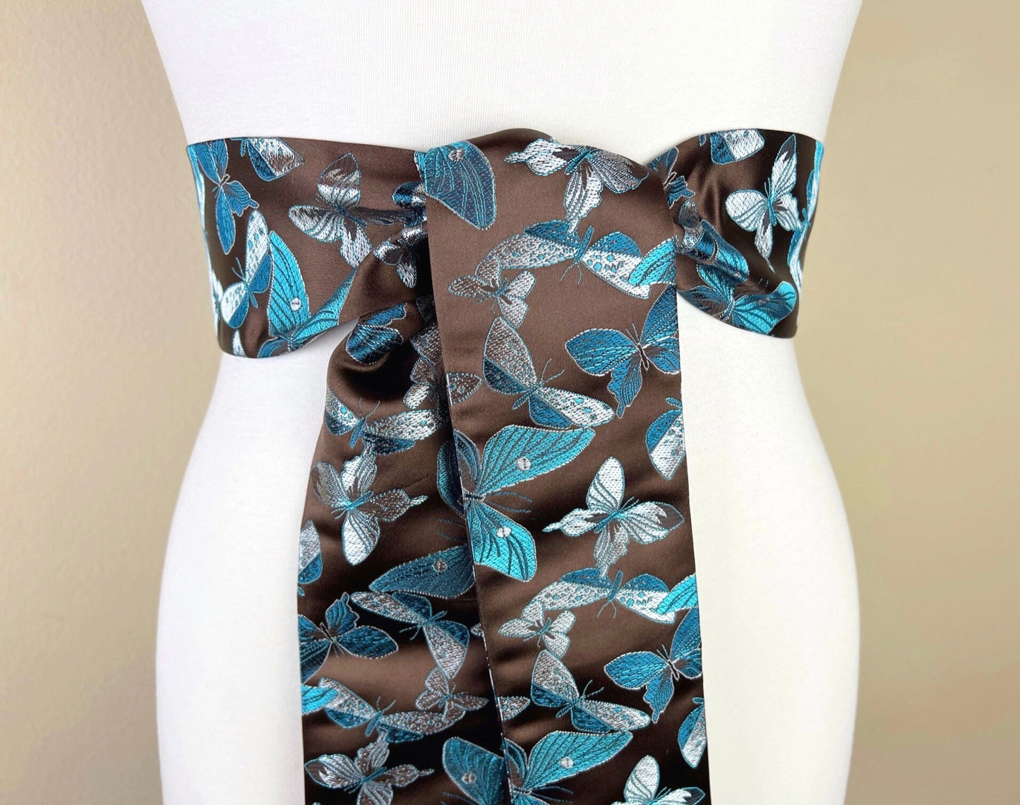 Butterfly Asian Brocade Sash Belt, Brown & Blue Butterfly Sash, Aqua Blue and Brown Sash Belt, Aqua Butterfly Chinese Brocade, Satin Swank
