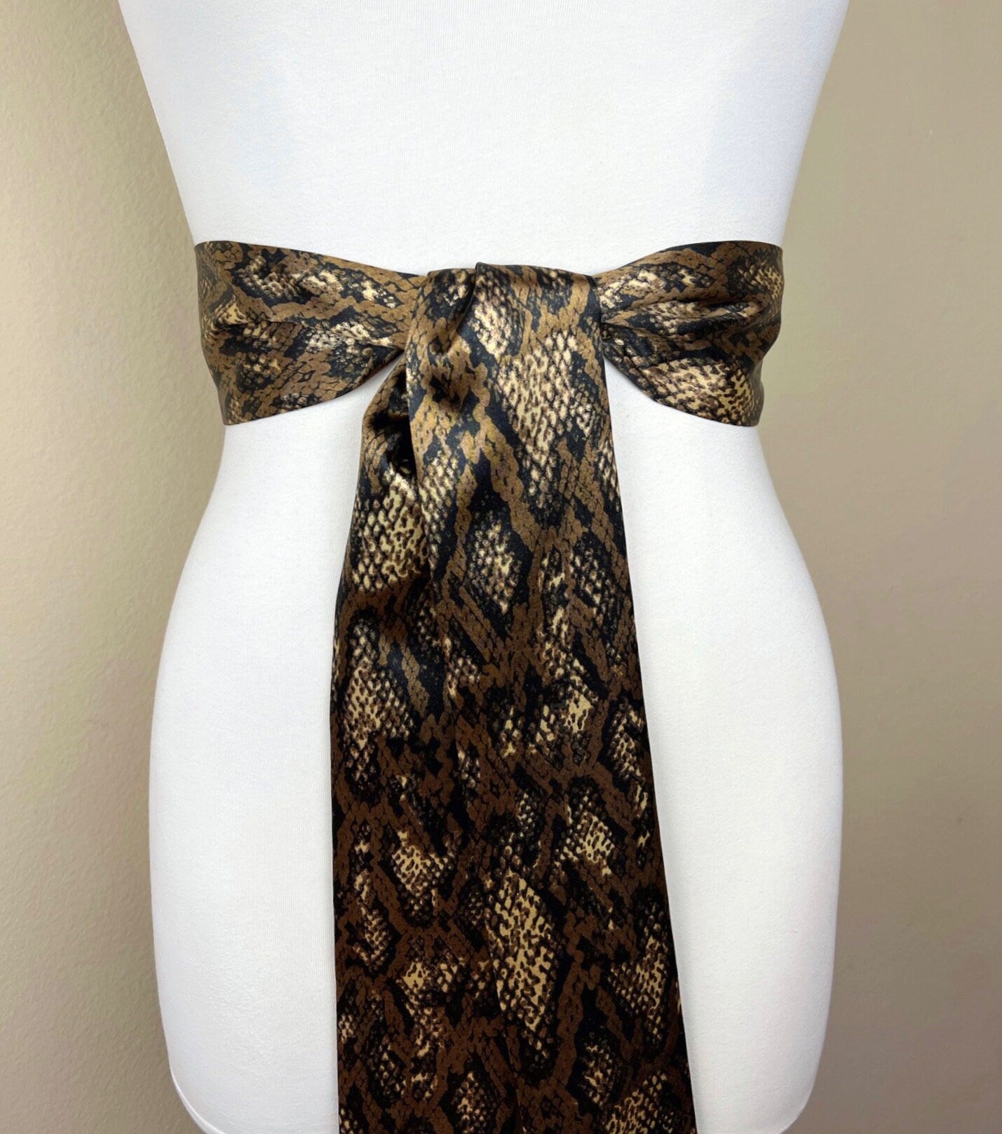 Bronze Python Print Sash, Brown & Gold Snakeskin Print Sash Belt, Python Print Sash, Brown Snake Print Sash, Snake Print Satin, Satin Swank