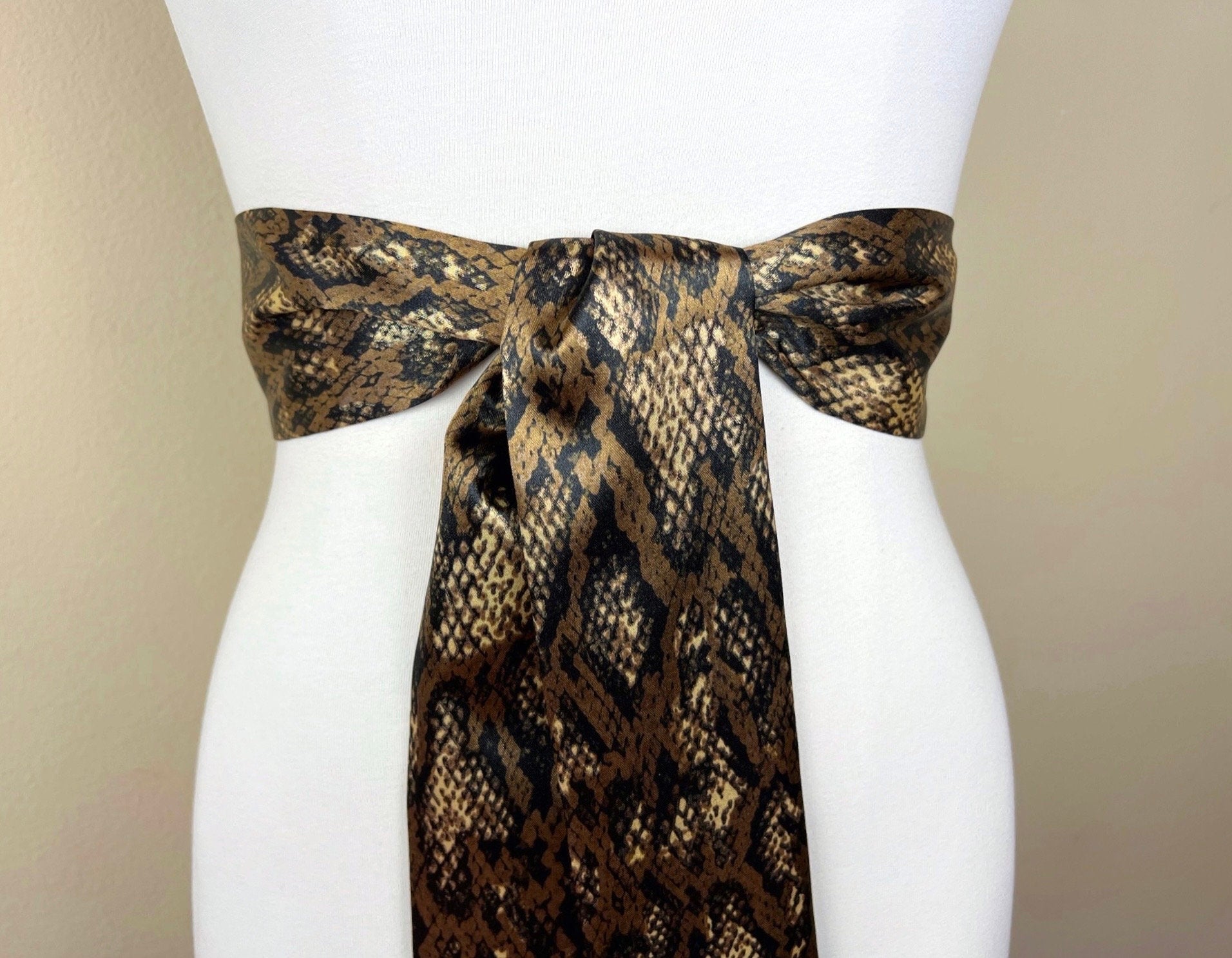 Bronze Python Print Sash, Brown & Gold Snakeskin Print Sash Belt, Python Print Sash, Brown Snake Print Sash, Snake Print Satin, Satin Swank