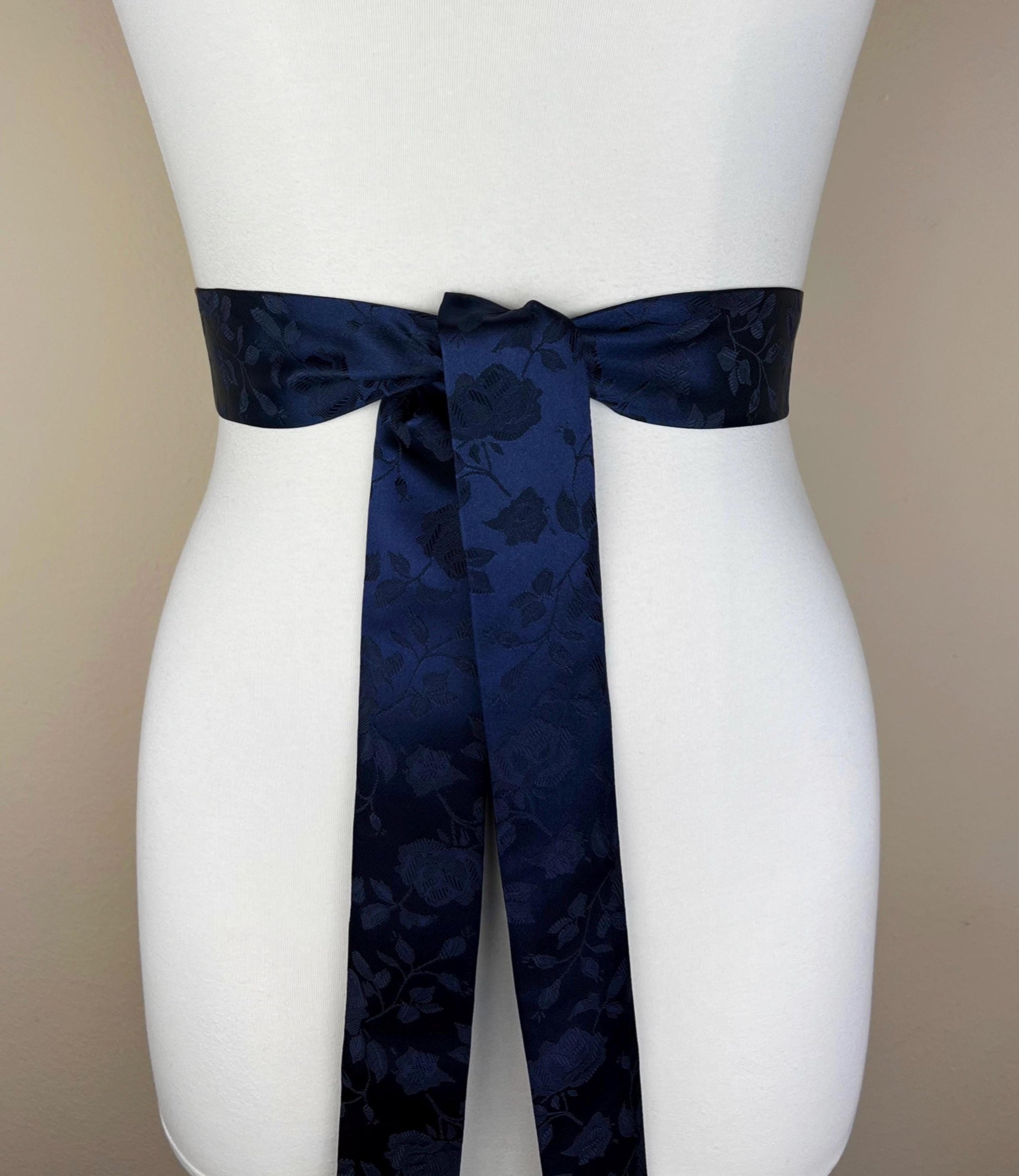 Navy Satin Sash in Rose Jacquard Print, Navy Sash, Navy Rose Sash, Navy Wedding Dress Sash, Navy Bridesmaid Sash, Navy Sash Belt Satin Swank
