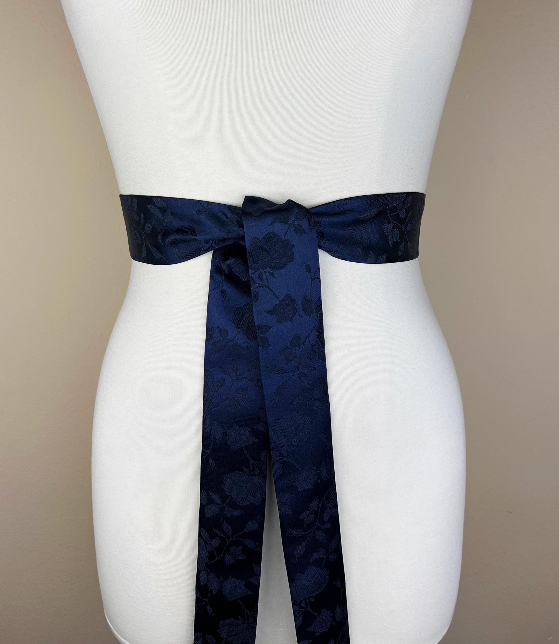 Navy Satin Sash in Rose Jacquard Print, Navy Sash, Navy Rose Sash, Navy Wedding Dress Sash, Navy Bridesmaid Sash, Navy Sash Belt Satin Swank