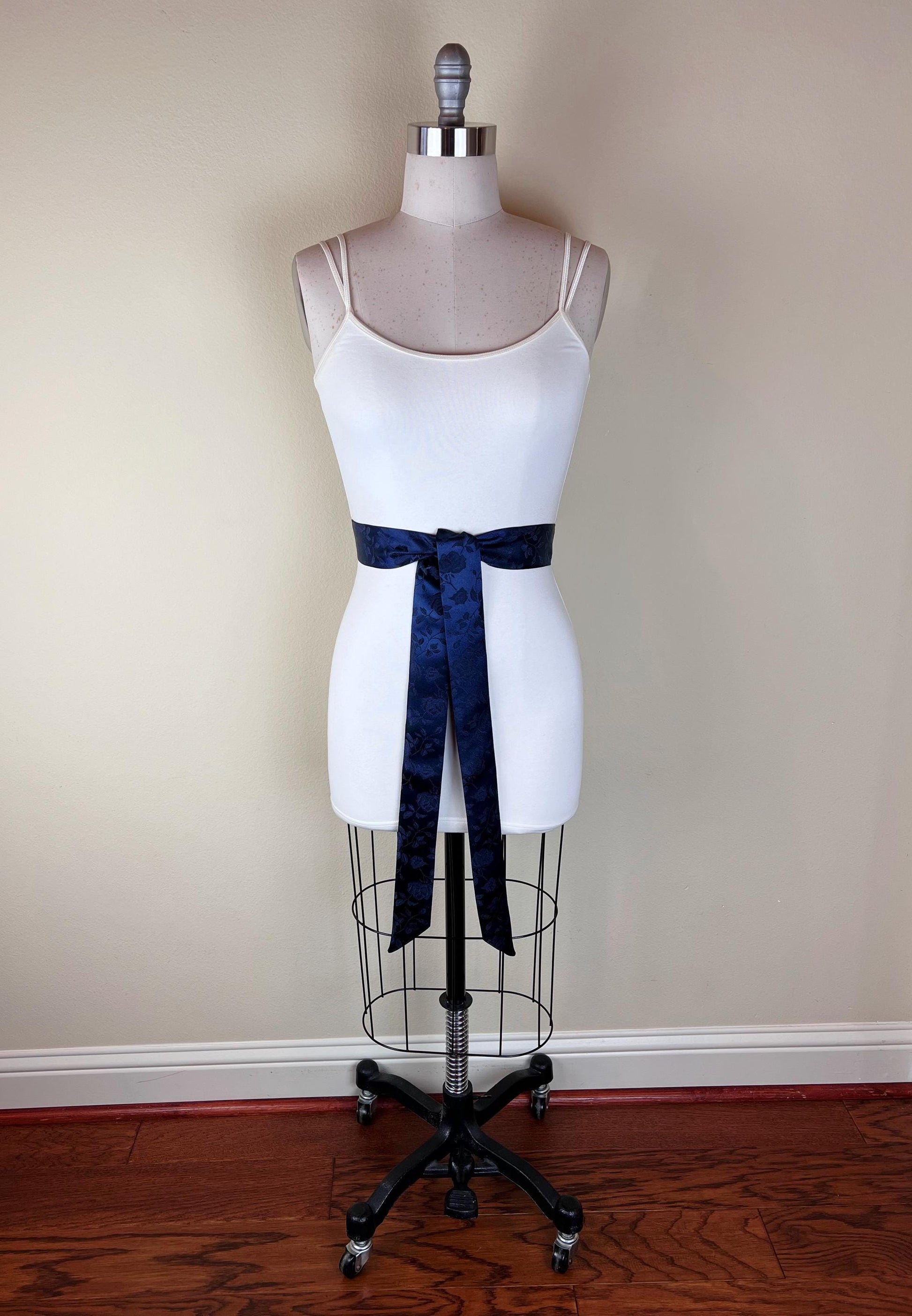 Navy Satin Sash in Rose Jacquard Print, Navy Sash, Navy Rose Sash, Navy Wedding Dress Sash, Navy Bridesmaid Sash, Navy Sash Belt Satin Swank