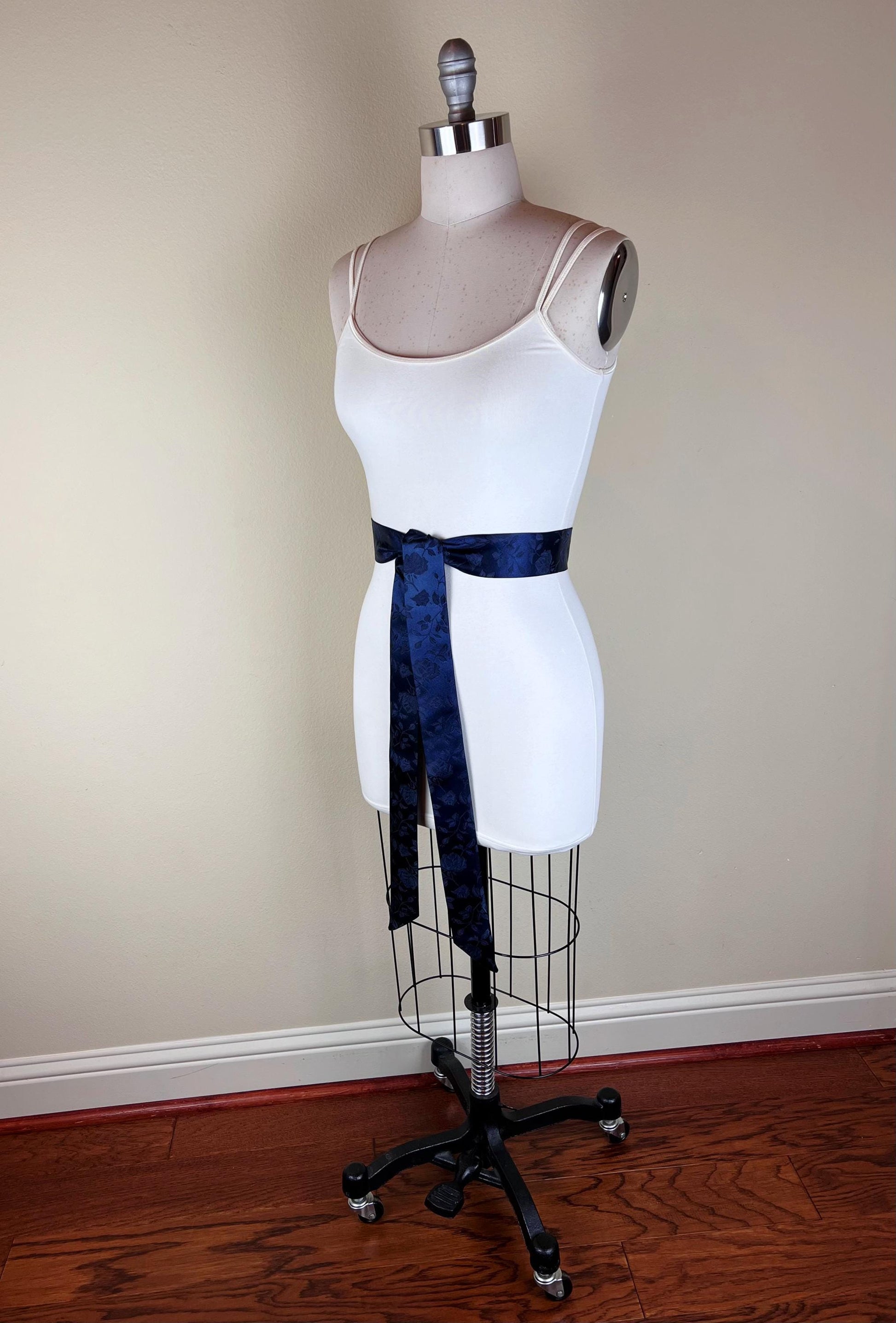 Navy Satin Sash in Rose Jacquard Print, Navy Sash, Navy Rose Sash, Navy Wedding Dress Sash, Navy Bridesmaid Sash, Navy Sash Belt Satin Swank