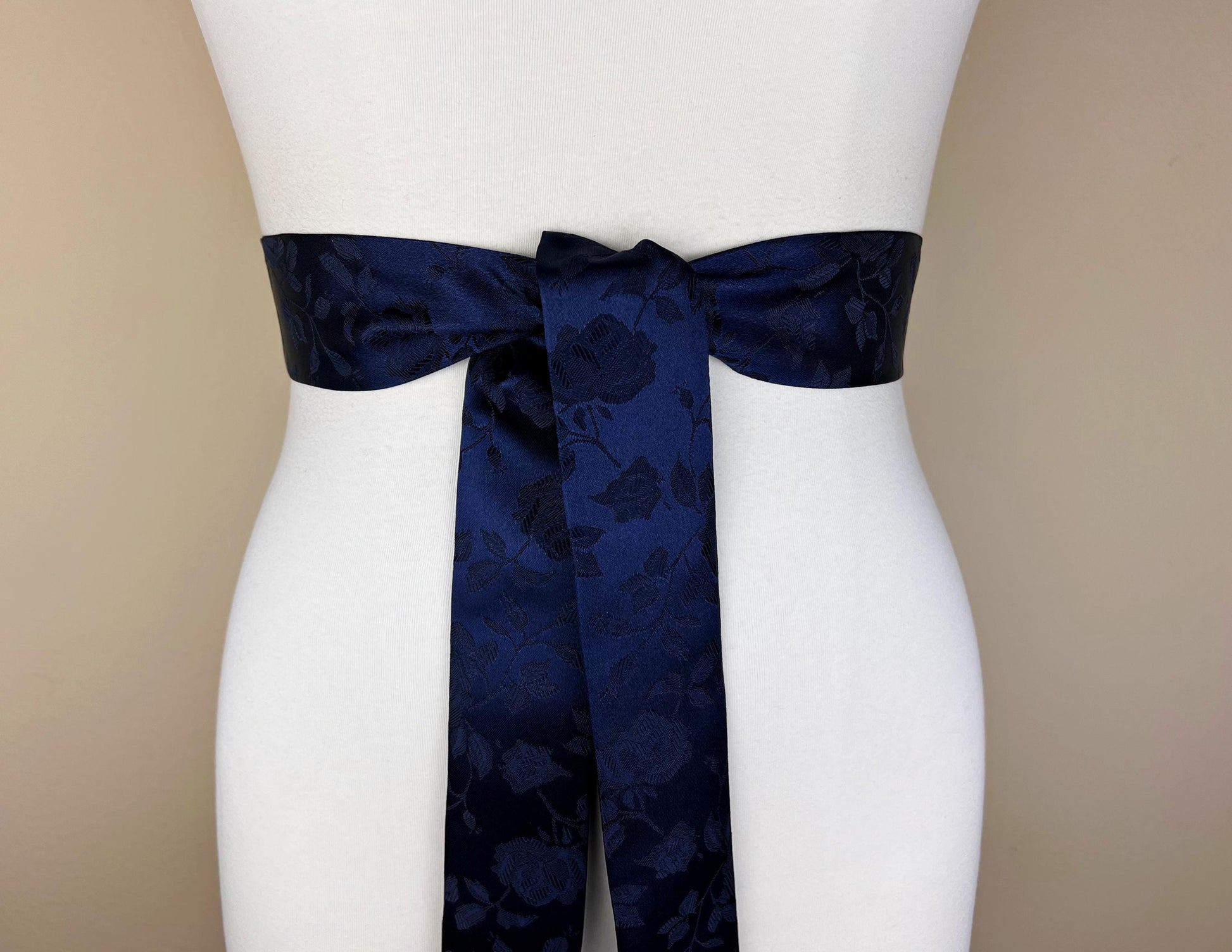 Navy Satin Sash in Rose Jacquard Print, Navy Sash, Navy Rose Sash, Navy Wedding Dress Sash, Navy Bridesmaid Sash, Navy Sash Belt Satin Swank